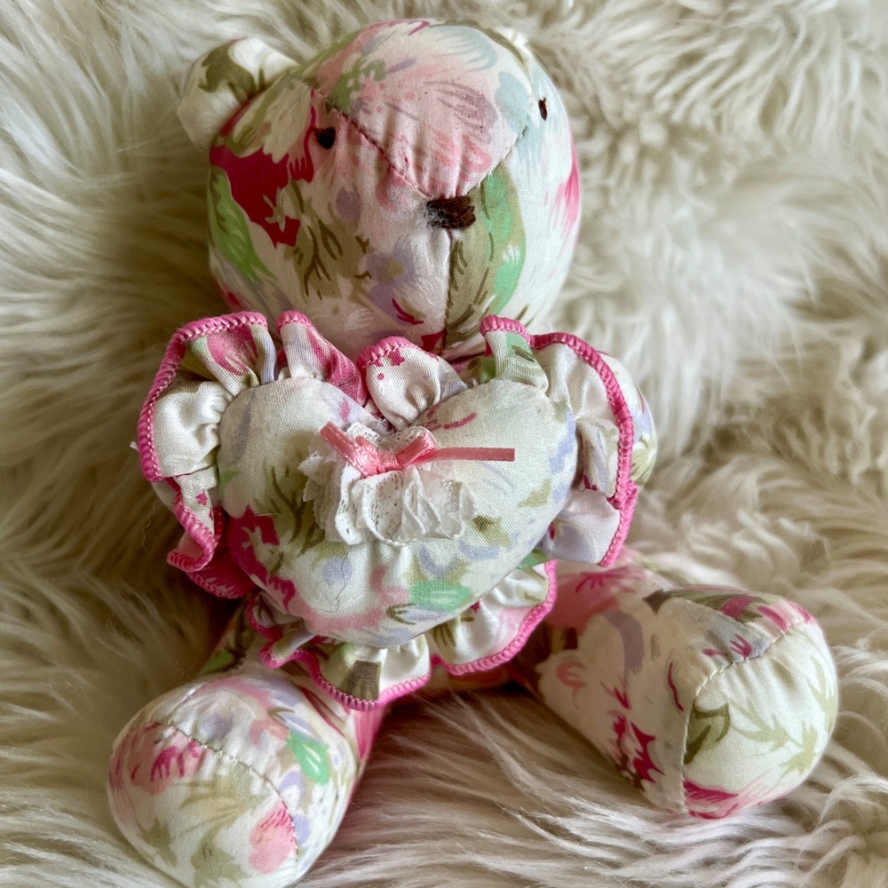 Vintage 1988 Dakin Floral Teddy Bear Plush Heart Pillow Cottagecore Pink Green